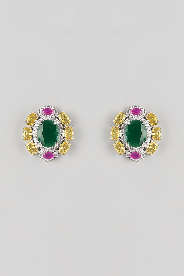 Silver Finish Emerald & Zircon Stud Earrings by Moh-Maya by Disha Khatri at Pernia's Pop Up Shop