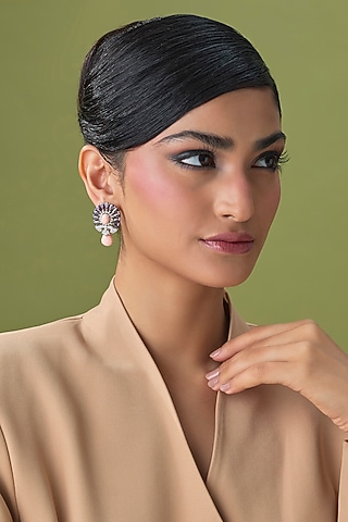 Silver Finish Amethyst & Peach Stone Stud Earrings by Moh-Maya by Disha Khatri