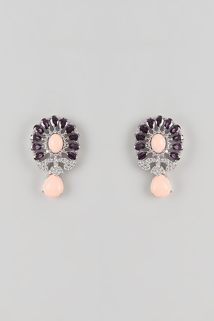Silver Finish Amethyst & Peach Stone Stud Earrings by Moh-Maya by Disha Khatri at Pernia's Pop Up Shop