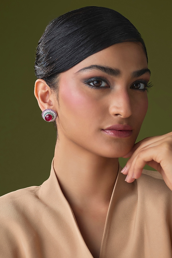 Silver Finish Ruby & Emerald Stud Earrings by Moh-Maya by Disha Khatri at Pernia's Pop Up Shop