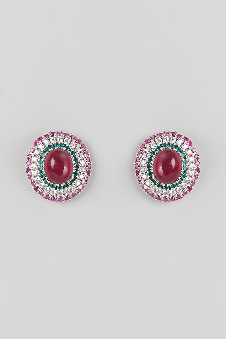 Silver Finish Ruby & Emerald Stud Earrings by Moh-Maya by Disha Khatri at Pernia's Pop Up Shop