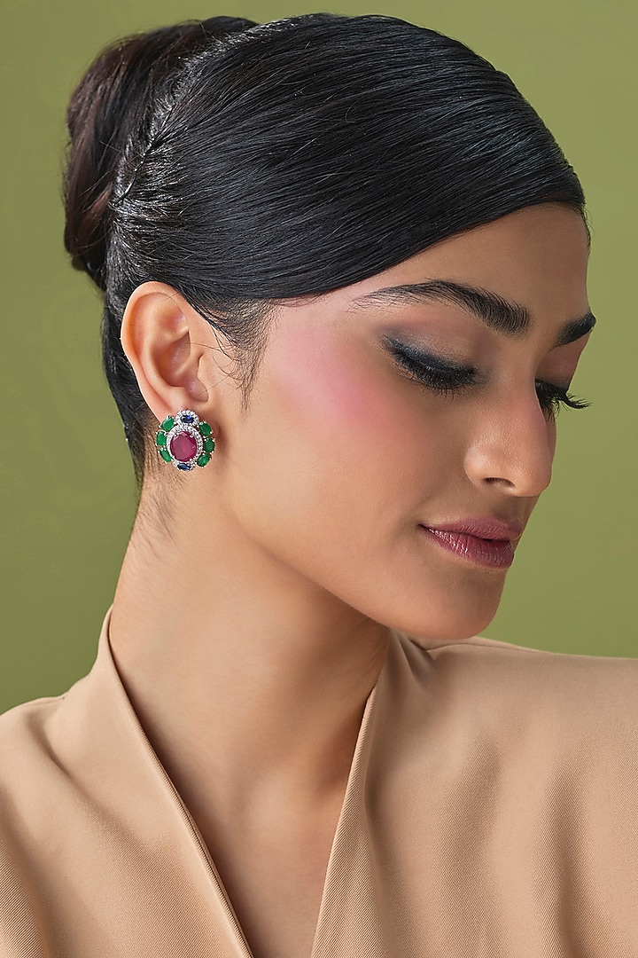 Silver Finish Ruby & Emerald Stud Earrings by Moh-Maya by Disha Khatri at Pernia's Pop Up Shop