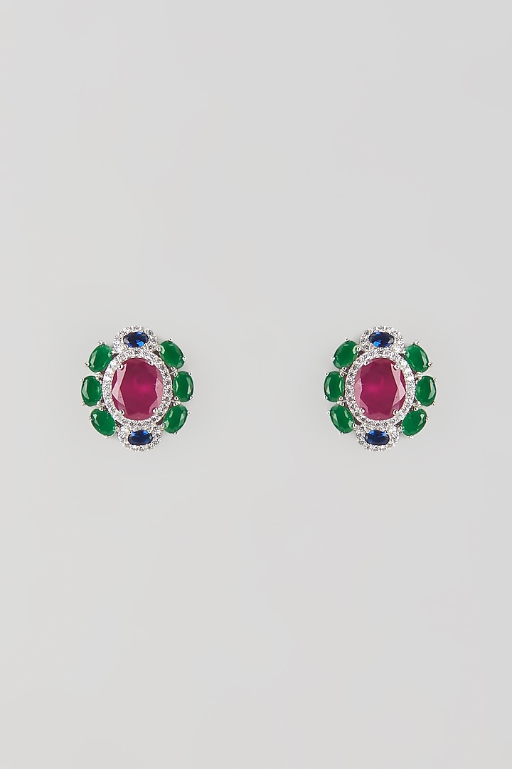 Silver Finish Ruby & Emerald Stud Earrings by Moh-Maya by Disha Khatri at Pernia's Pop Up Shop