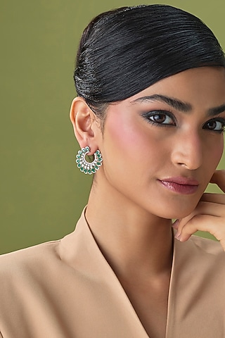 Silver Finish Emerald & Zircon Stud Earrings by Moh-Maya by Disha Khatri