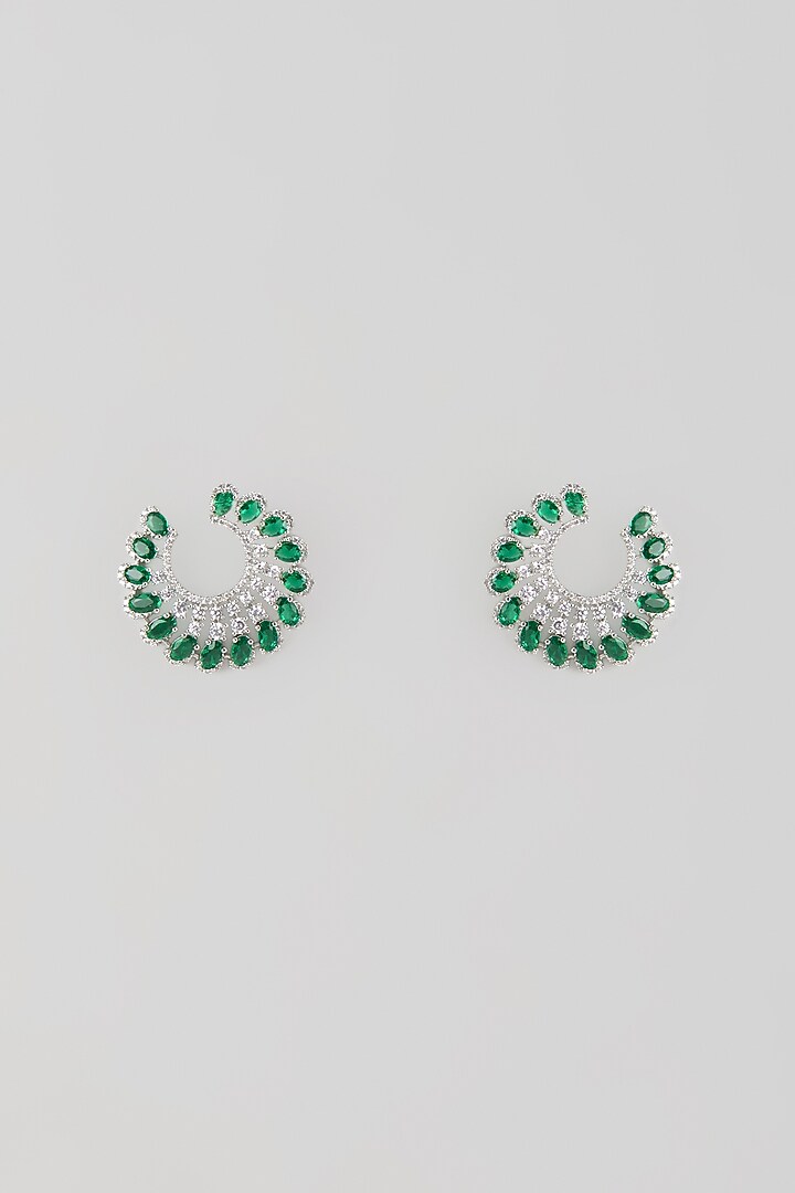 Silver Finish Emerald & Zircon Stud Earrings by Moh-Maya by Disha Khatri at Pernia's Pop Up Shop