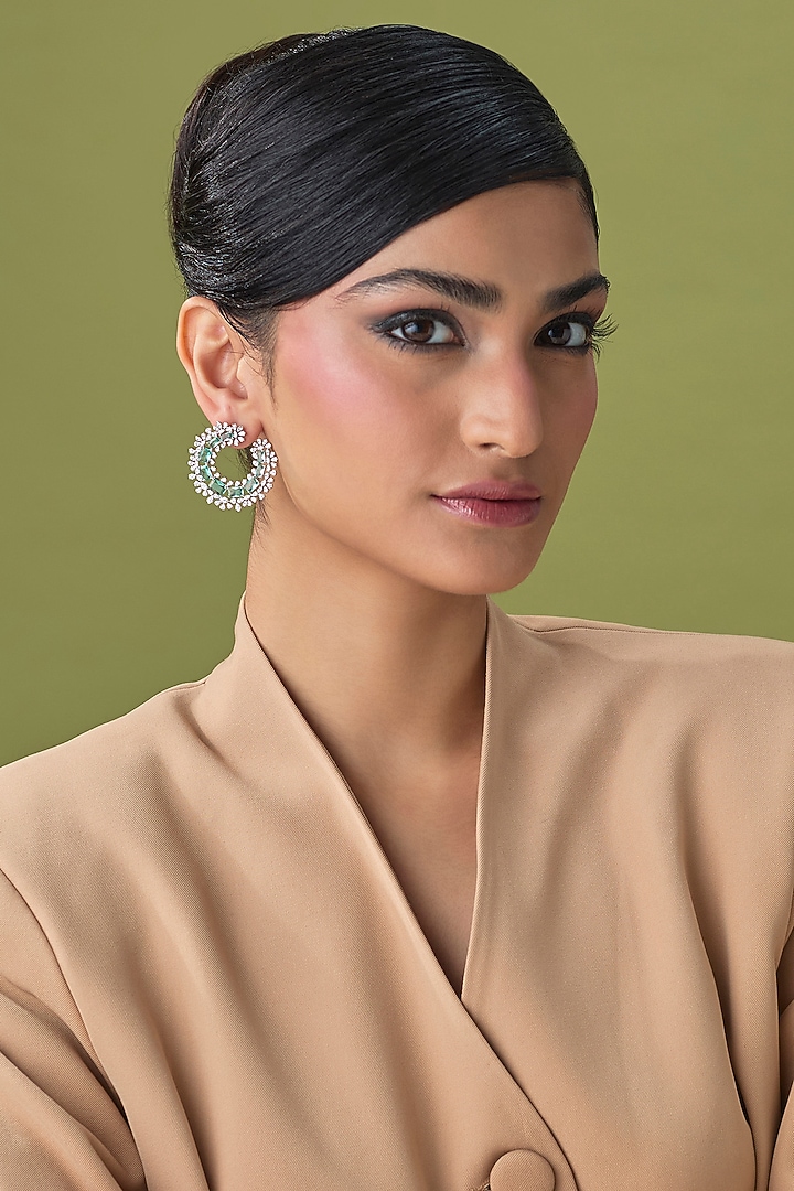 Silver Finish Turquoise Stone & Zircon Stud Earrings by Moh-Maya by Disha Khatri at Pernia's Pop Up Shop