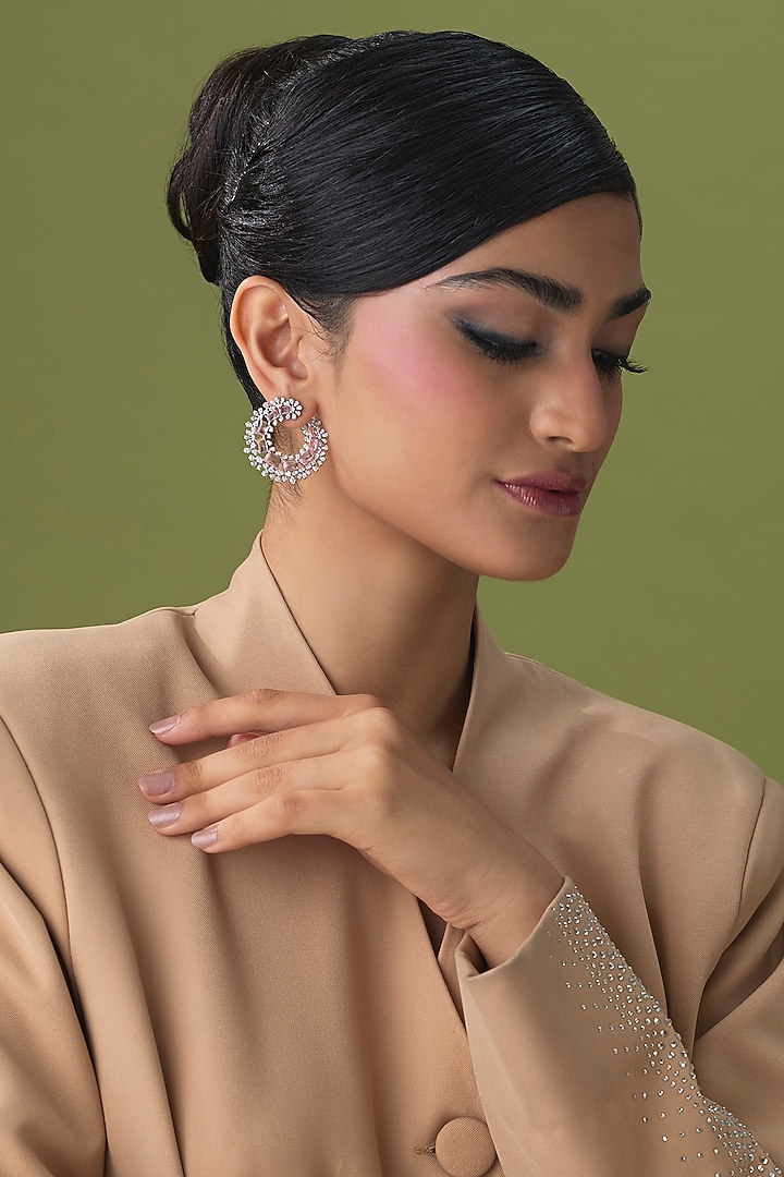 Silver Finish Rose Quartz & Zircon Stud Earrings by Moh-Maya by Disha Khatri at Pernia's Pop Up Shop