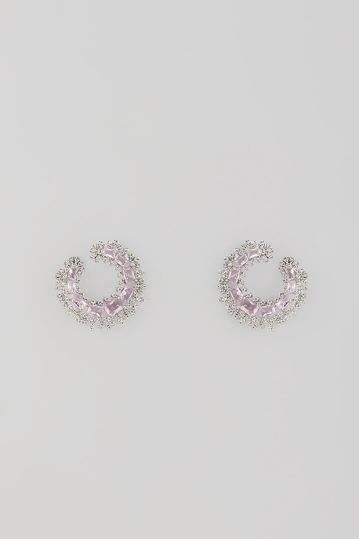 Silver Finish Rose Quartz & Zircon Stud Earrings by Moh-Maya by Disha Khatri at Pernia's Pop Up Shop
