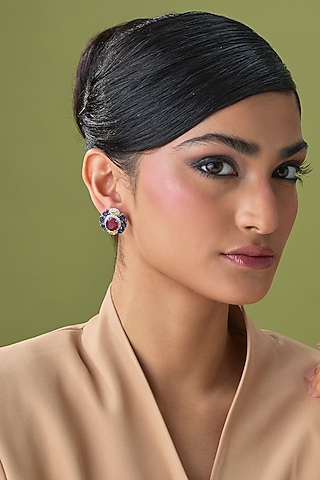 Silver Finish Ruby & Emerald Stud Earrings by Moh-Maya by Disha Khatri