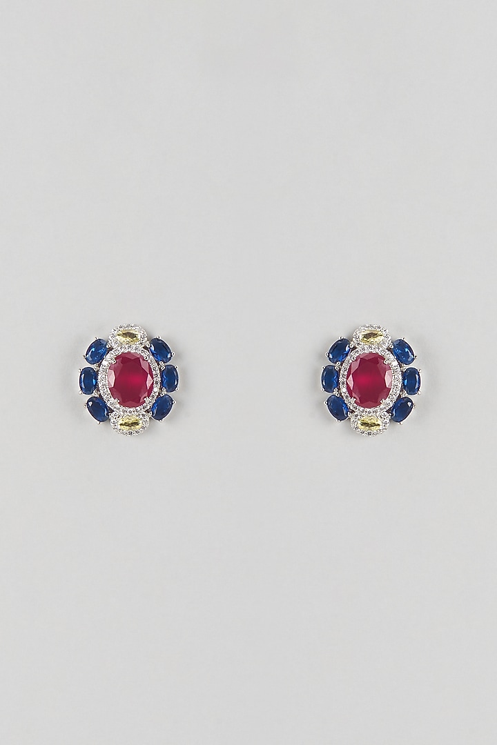 Silver Finish Ruby & Emerald Stud Earrings by Moh-Maya by Disha Khatri at Pernia's Pop Up Shop