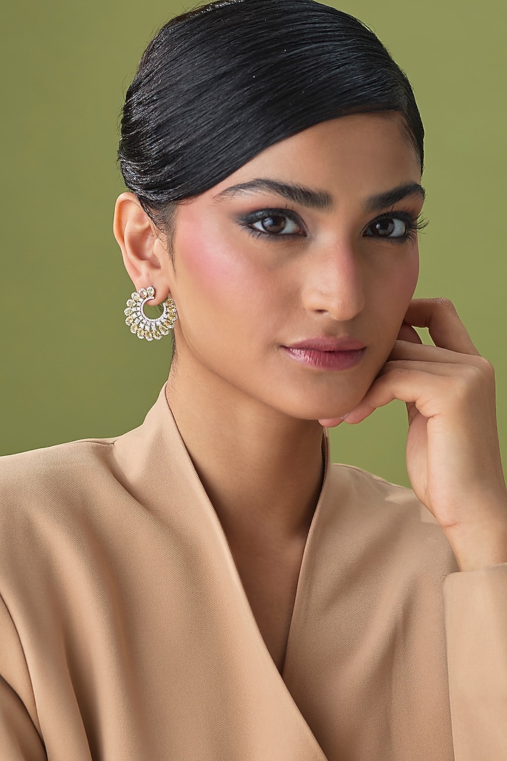 Silver Finish Yellow Sapphire & Zircon Stud Earrings by Moh-Maya by Disha Khatri at Pernia's Pop Up Shop