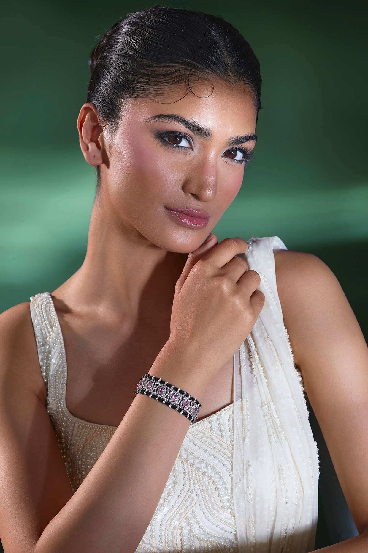 Moh-Maya by Disha Khatri Silver Finish Rose Quartz & Zircon Thread Bracelet