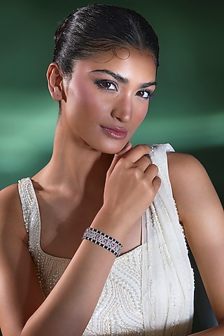 Silver Finish Rose Quartz & Zircon Thread Bracelet by Moh-Maya by Disha Khatri