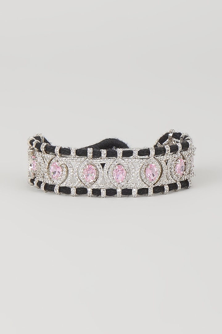 Silver Finish Rose Quartz & Zircon Thread Bracelet by Moh-Maya by Disha Khatri at Pernia's Pop Up Shop