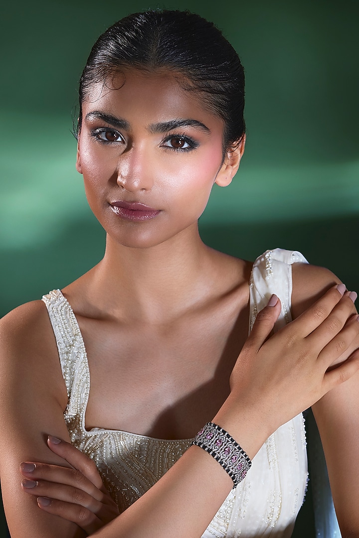 Silver Finish Rose Quartz & Zircon Thread Bracelet by Moh-Maya by Disha Khatri at Pernia's Pop Up Shop