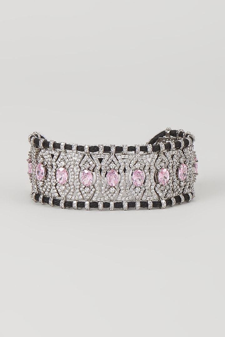 Silver Finish Rose Quartz & Zircon Thread Bracelet by Moh-Maya by Disha Khatri at Pernia's Pop Up Shop