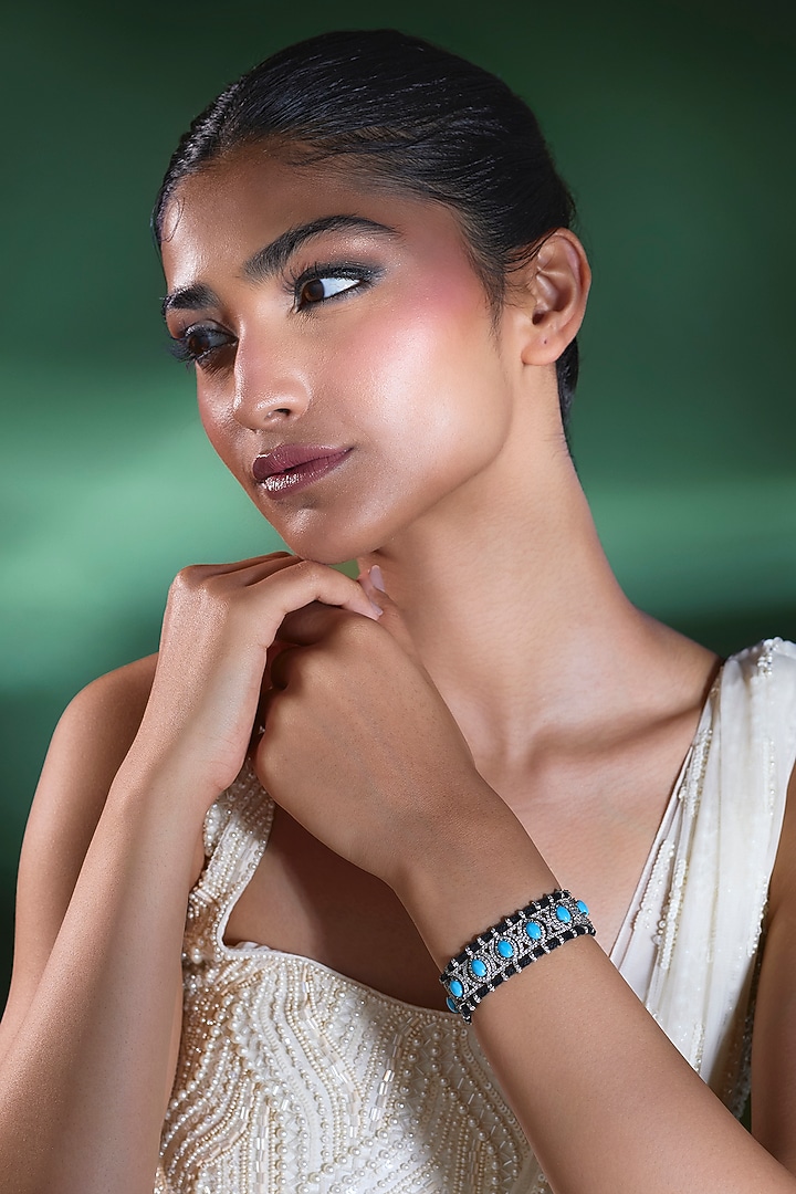 Silver Finish Blue Sapphire & Zircon Thread Bracelet by Moh-Maya by Disha Khatri at Pernia's Pop Up Shop