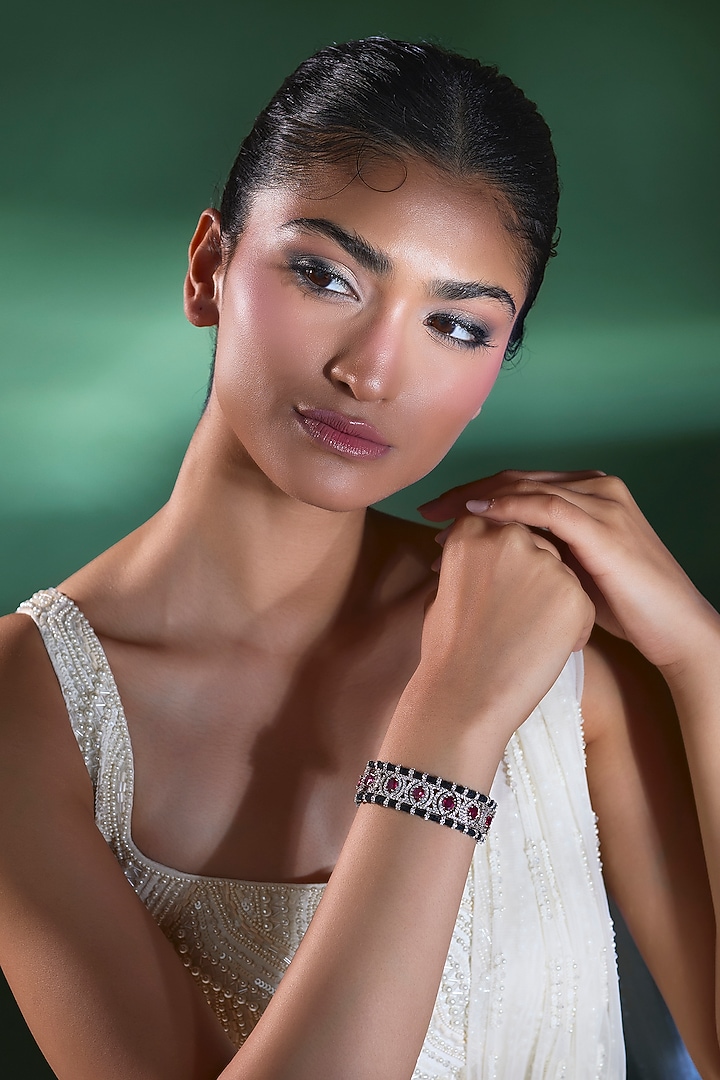 Silver Finish Ruby & Zircon Thread Bracelet by Moh-Maya by Disha Khatri at Pernia's Pop Up Shop