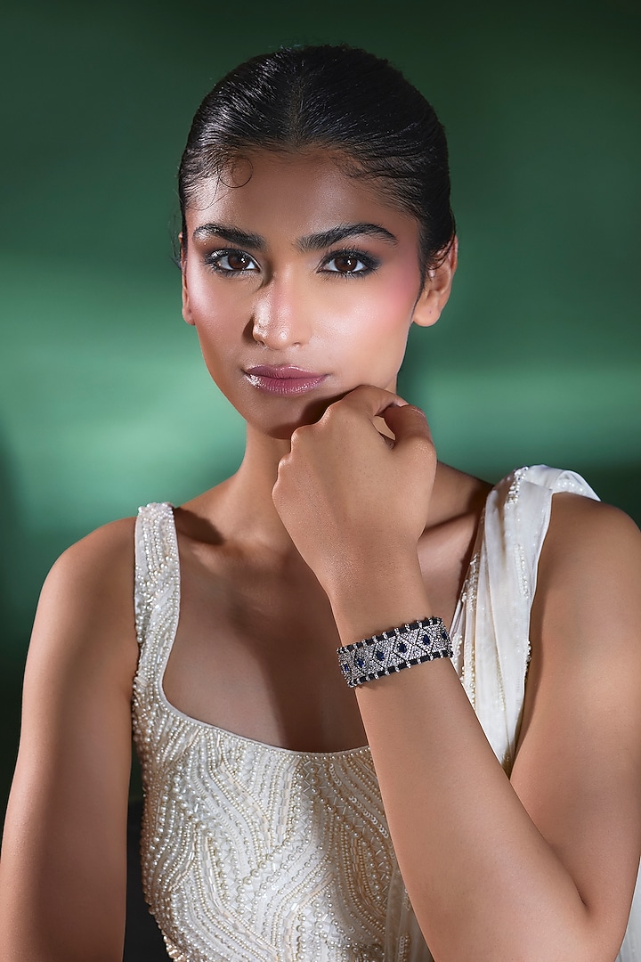 Silver Finish Blue Sapphire & Zircon Thread Bracelet by Moh-Maya by Disha Khatri at Pernia's Pop Up Shop