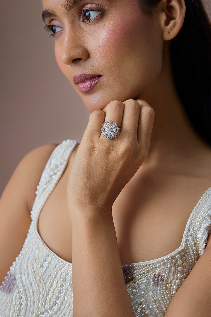 Silver Finish Zircon Stud Earrings by Moh-Maya by Disha Khatri at Pernia's Pop Up Shop