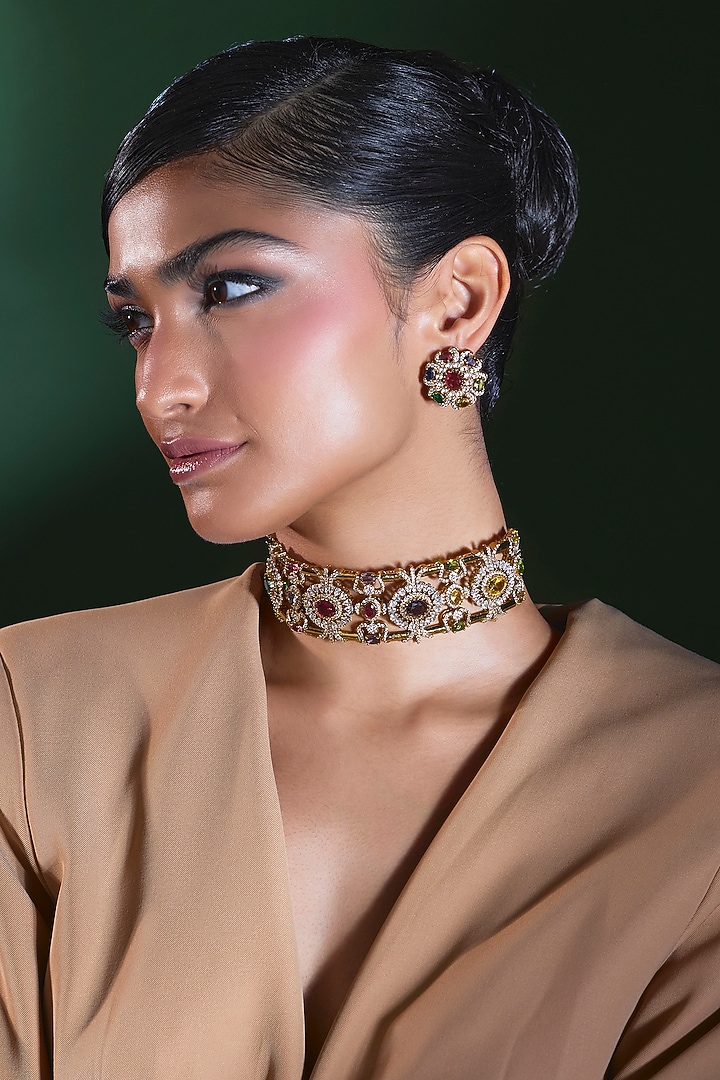 Gold Finish Ruby & Emerald Choker Necklace Set by Moh-Maya by Disha Khatri at Pernia's Pop Up Shop