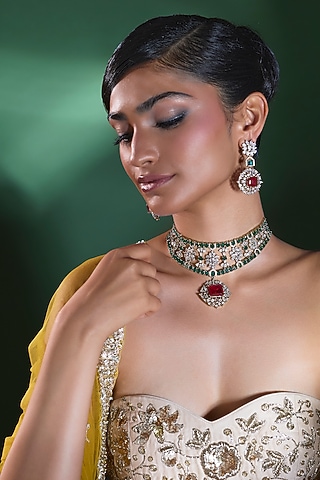 Gold Finish Ruby & Emerald Choker Necklace Set by moh-maya by disha khatri