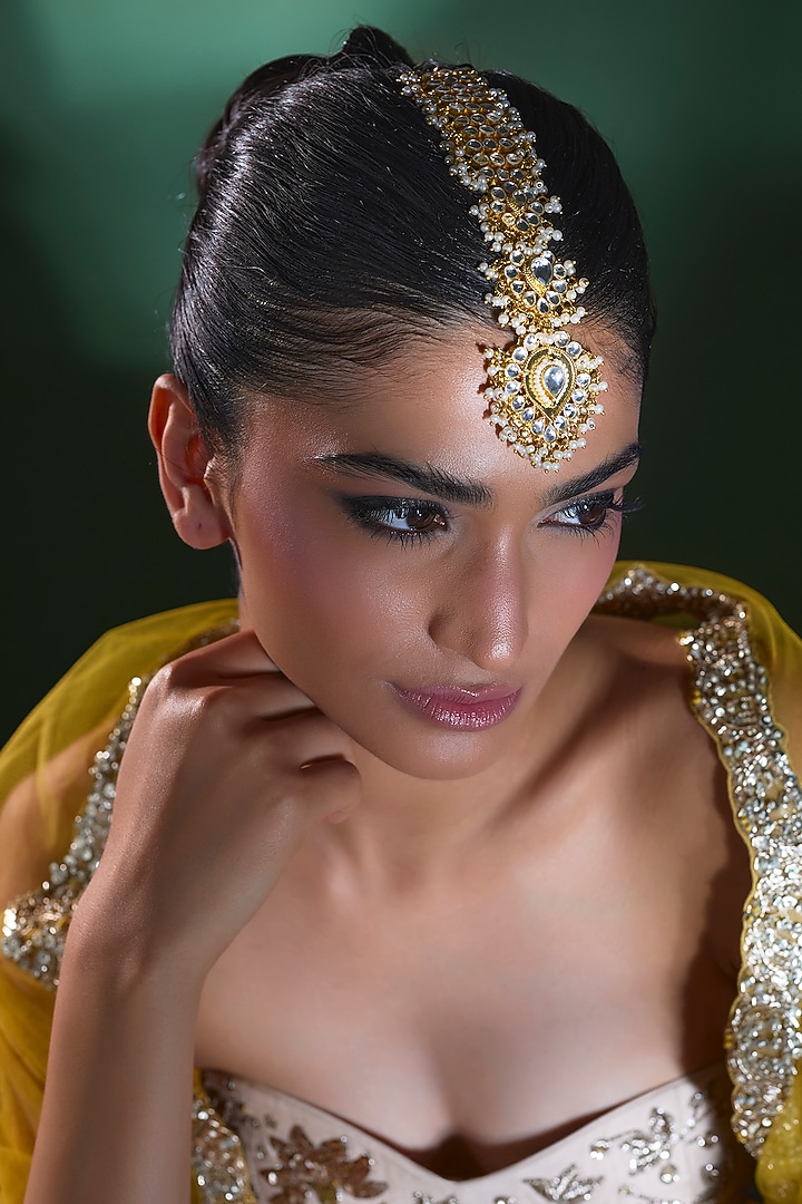 Gold Finish Kundan Polki & Pearl Maangtikka by Moh-Maya by Disha Khatri at Pernia's Pop Up Shop