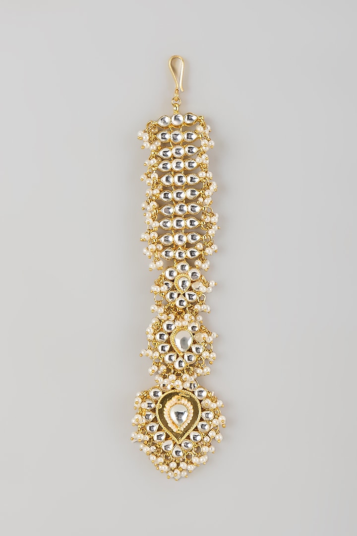 Gold Finish Kundan Polki & Pearl Maangtikka by Moh-Maya by Disha Khatri at Pernia's Pop Up Shop