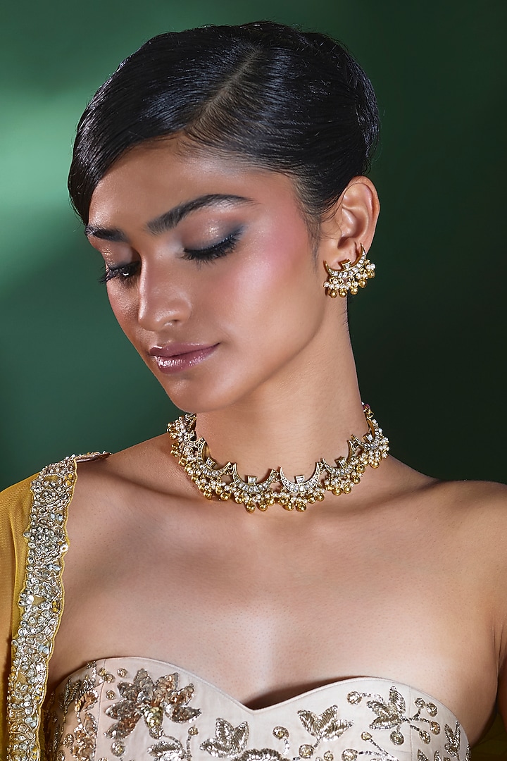 Two Tone Finish Kundan Polki & Bell Beaded Choker Necklace Set by Moh-Maya by Disha Khatri at Pernia's Pop Up Shop