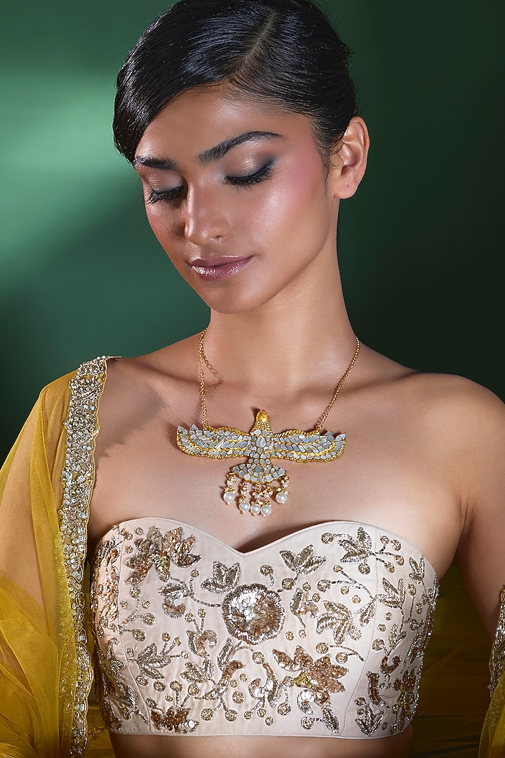 Gold Finish Mother Of Pearl Pendant Necklace by Moh-Maya by Disha Khatri at Pernia's Pop Up Shop