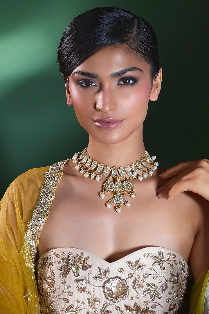 Gold Finish Kundan Polki & Pearl Beaded Choker Necklace by Moh-Maya by Disha Khatri at Pernia's Pop Up Shop