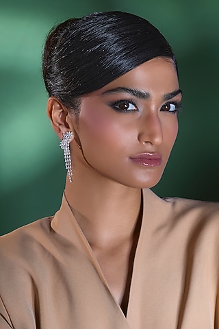 Silver Finish Zircon Dangler Earrings by Moh-Maya by Disha Khatri