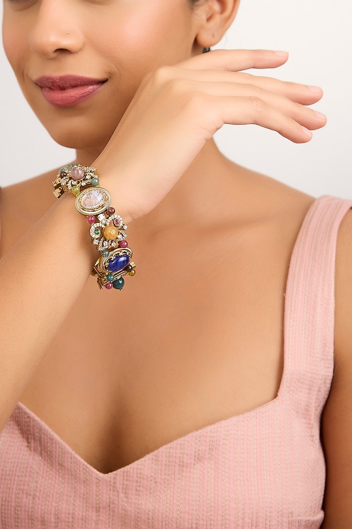 Gold Finish Multi-Colored Stone Bangle by Moh-Maya by Disha Khatri at Pernia's Pop Up Shop