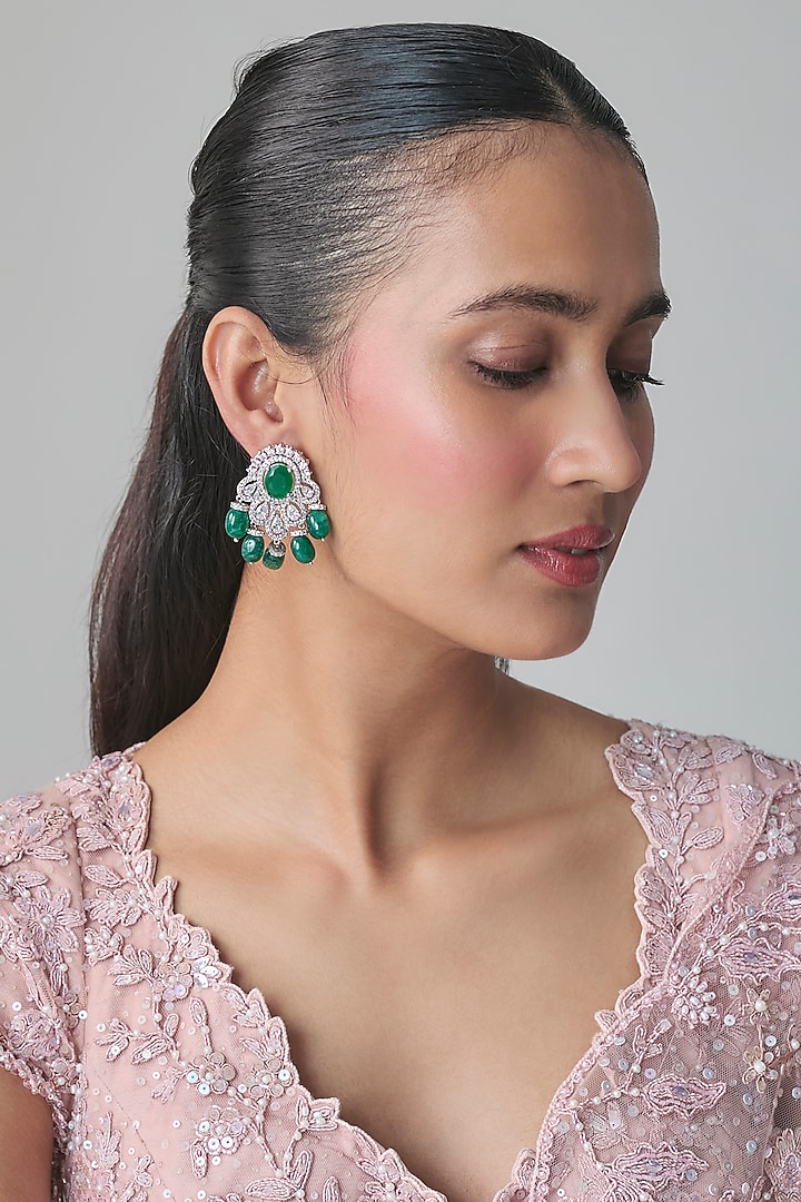 Silver Finish White & Green Stone Stud Earrings by Moh-Maya by Disha Khatri at Pernia's Pop Up Shop