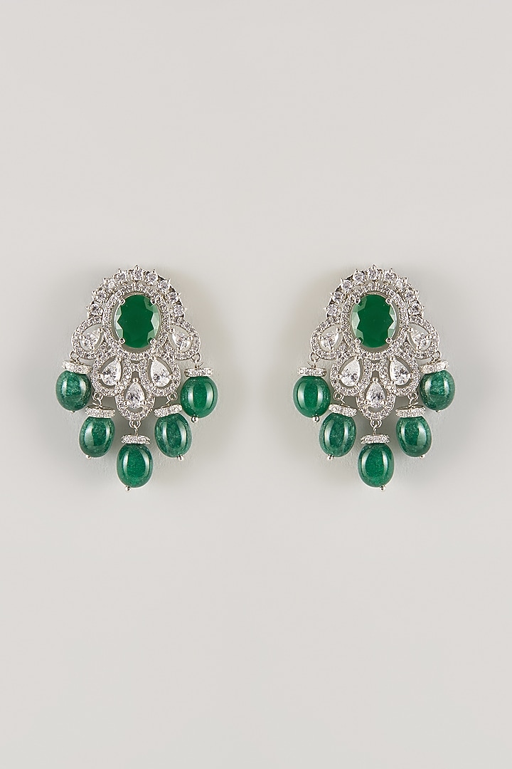 Silver Finish White & Green Stone Stud Earrings by Moh-Maya by Disha Khatri at Pernia's Pop Up Shop