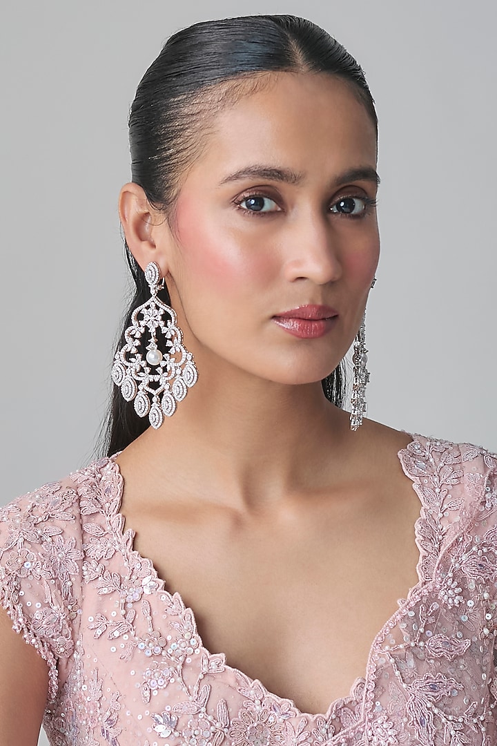 Silver Finish Zircon Dangler Earrings by Moh-Maya by Disha Khatri at Pernia's Pop Up Shop