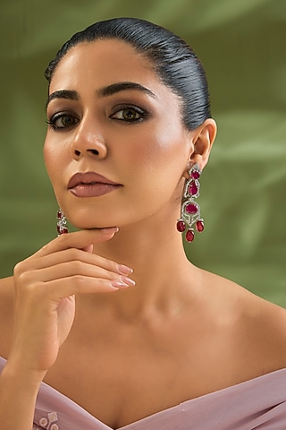 White Finish Ruby Stone Dangler Earrings by Moh-Maya by Disha Khatri