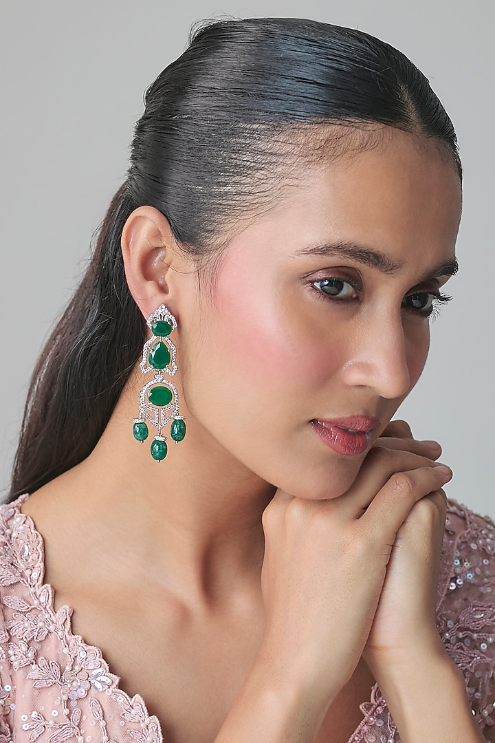 Silver Finish Zircon & Emerald Green Stone Dangler Earrings by Moh-Maya by Disha Khatri at Pernia's Pop Up Shop