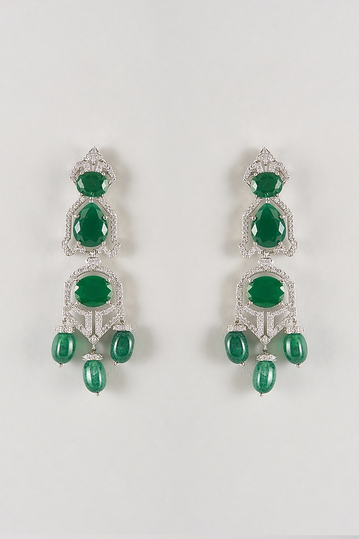Silver Finish Zircon & Emerald Green Stone Dangler Earrings by Moh-Maya by Disha Khatri at Pernia's Pop Up Shop