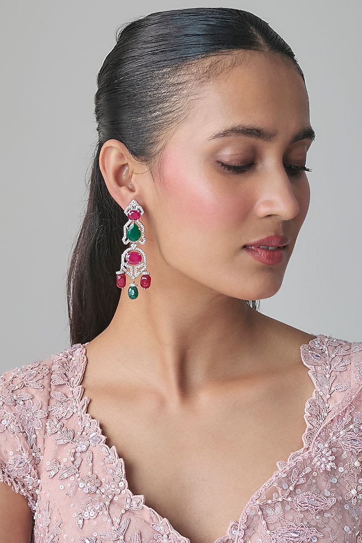 Silver Finish Ruby & Emerald Green Stone Dangler Earrings by Moh-Maya by Disha Khatri at Pernia's Pop Up Shop