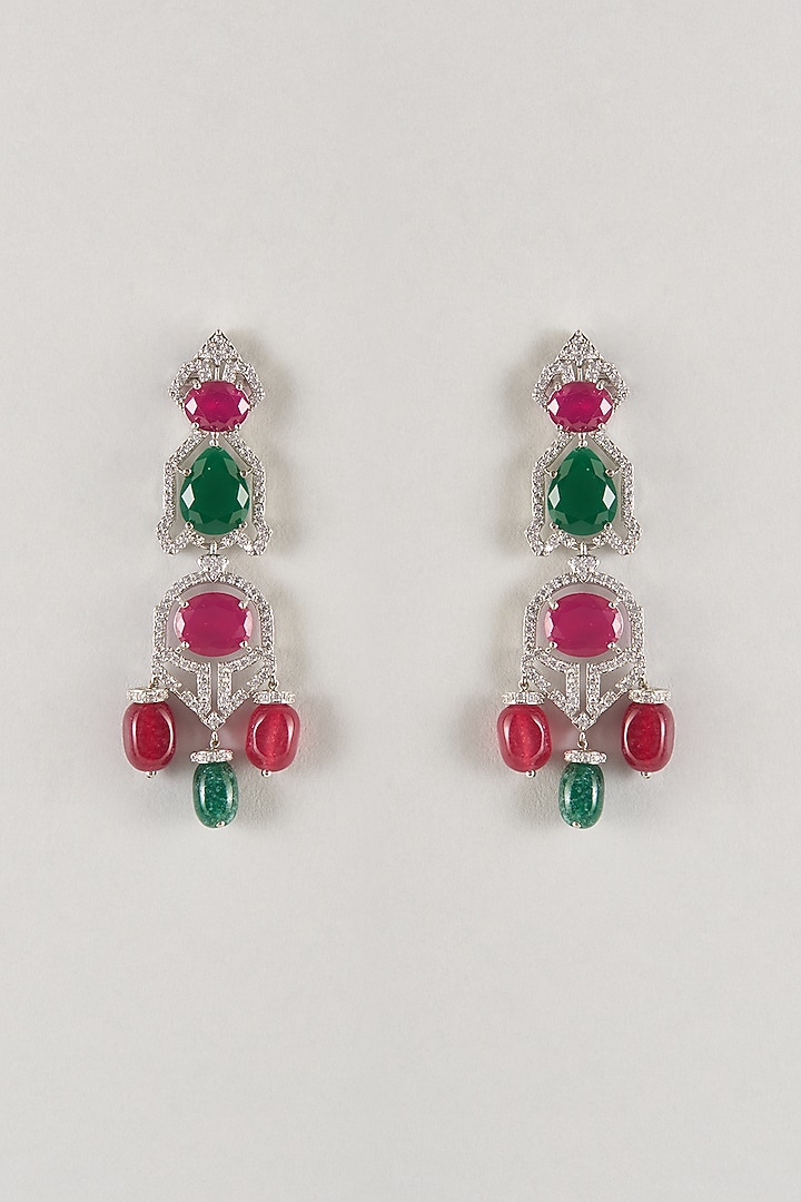Silver Finish Ruby & Emerald Green Stone Dangler Earrings by Moh-Maya by Disha Khatri at Pernia's Pop Up Shop