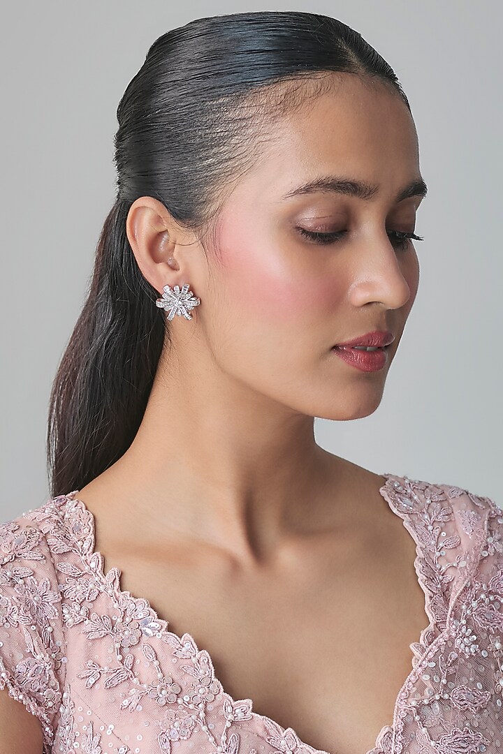 White Gold Finish Zircon Stud Earrings by Moh-Maya by Disha Khatri at Pernia's Pop Up Shop