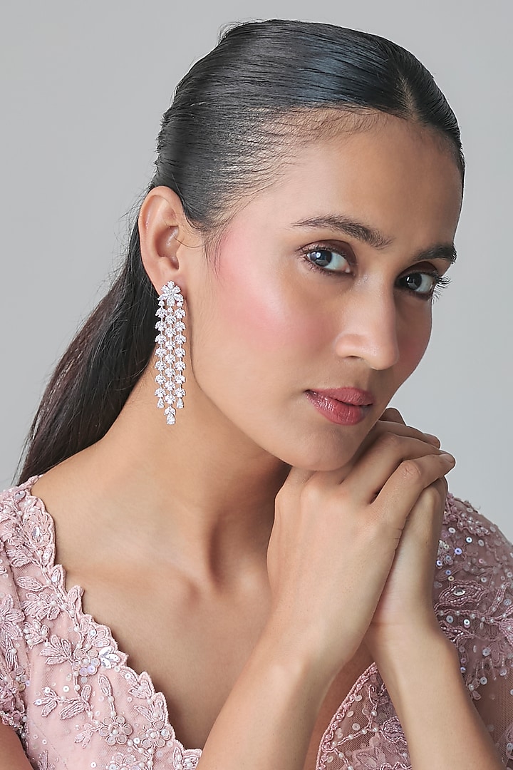 Silver Finish Zircon Dangler Earrings by Moh-Maya by Disha Khatri at Pernia's Pop Up Shop