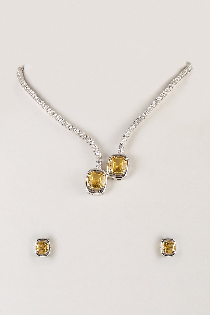 Silver Finish Zircon & Yellow Stone Necklace Set by Moh-Maya by Disha Khatri at Pernia's Pop Up Shop