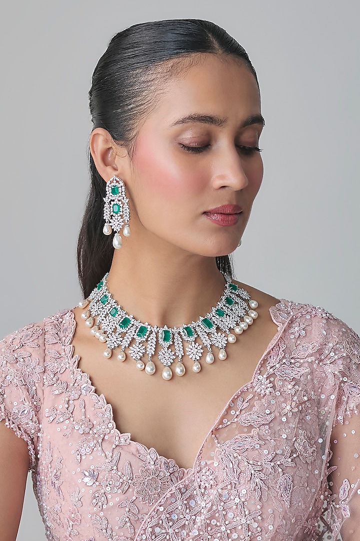 White Gold Finish Zircon & Emerald Stone Choker Necklace Set by Moh-Maya by Disha Khatri at Pernia's Pop Up Shop