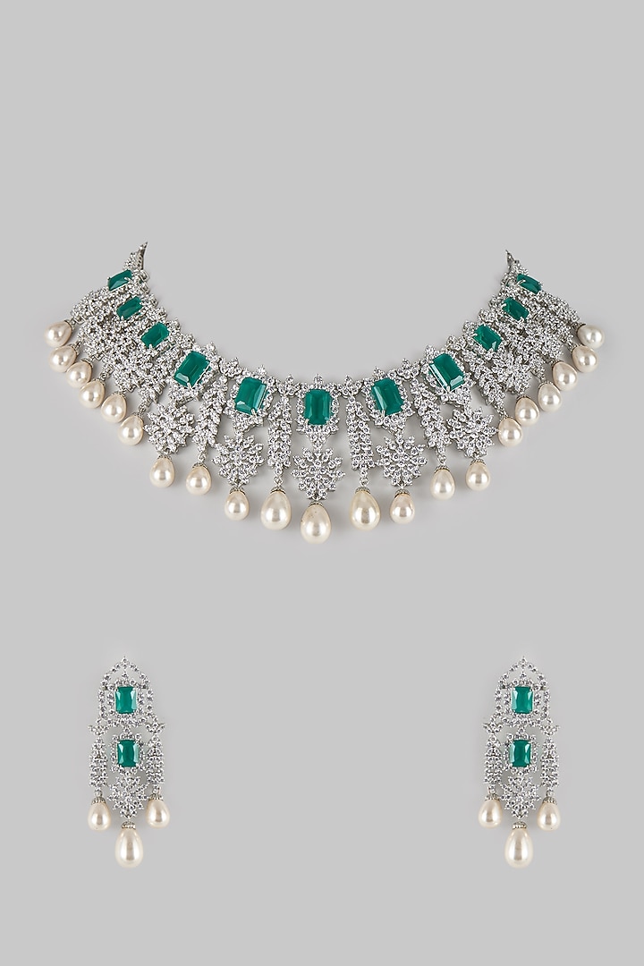 White Gold Finish Zircon & Emerald Stone Choker Necklace Set by Moh-Maya by Disha Khatri at Pernia's Pop Up Shop