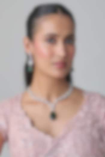 White Gold Finish Zircon & Emerald Stone Long Necklace Set by Moh-Maya by Disha Khatri at Pernia's Pop Up Shop