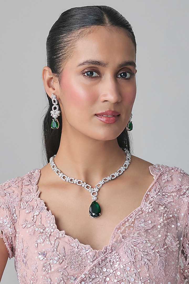 White Gold Finish Zircon & Emerald Stone Long Necklace Set by Moh-Maya by Disha Khatri at Pernia's Pop Up Shop