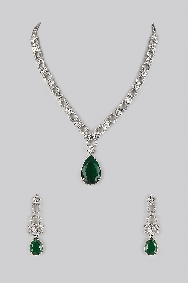 White Gold Finish Zircon & Emerald Stone Long Necklace Set by Moh-Maya by Disha Khatri at Pernia's Pop Up Shop