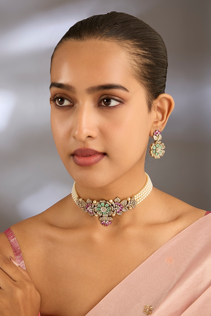 Gold Finish Kundan Polki & Pearl Choker Necklace Set by Moh-Maya by Disha Khatri at Pernia's Pop Up Shop